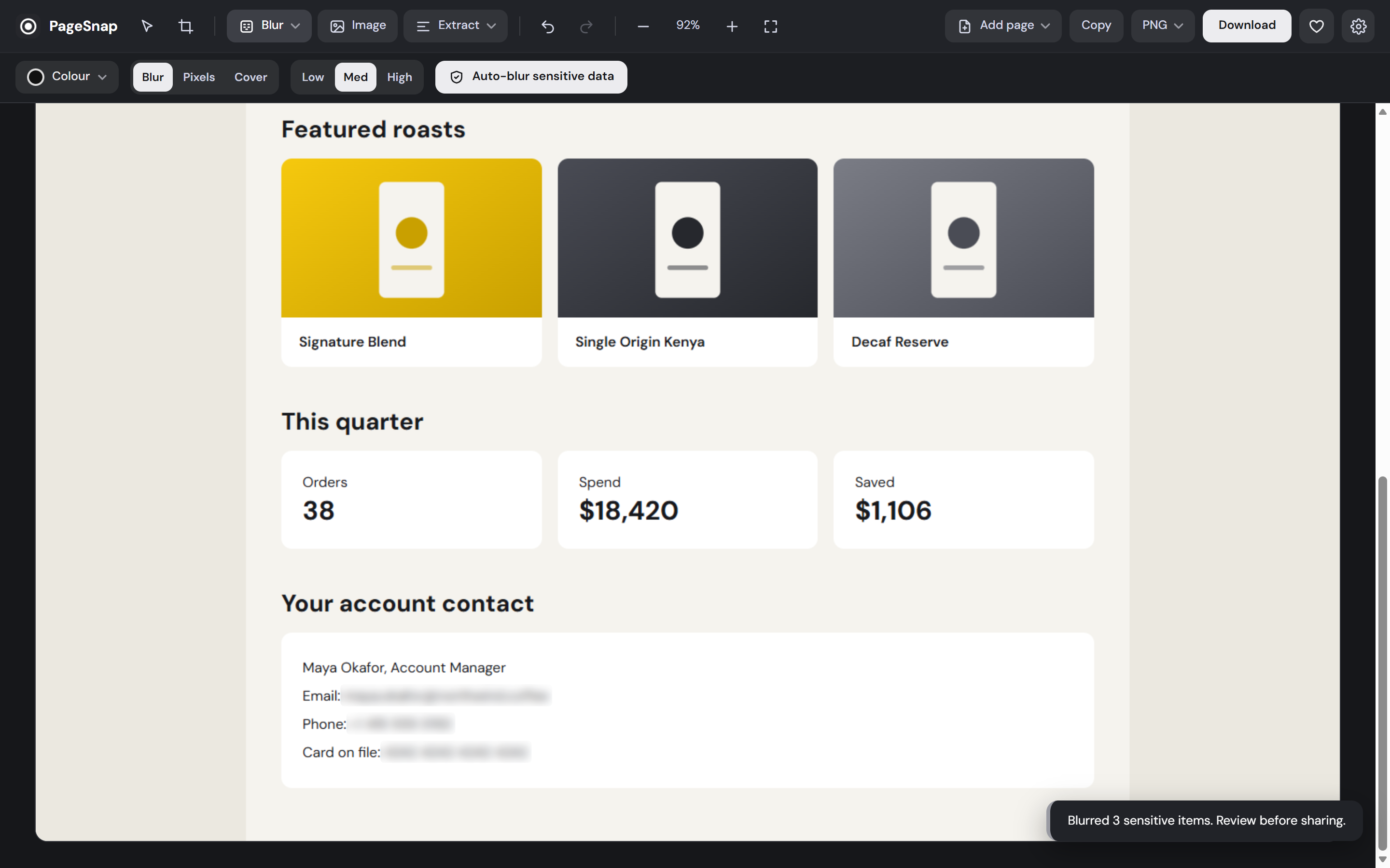 Auto-blur hiding an email address and phone number on a captured page