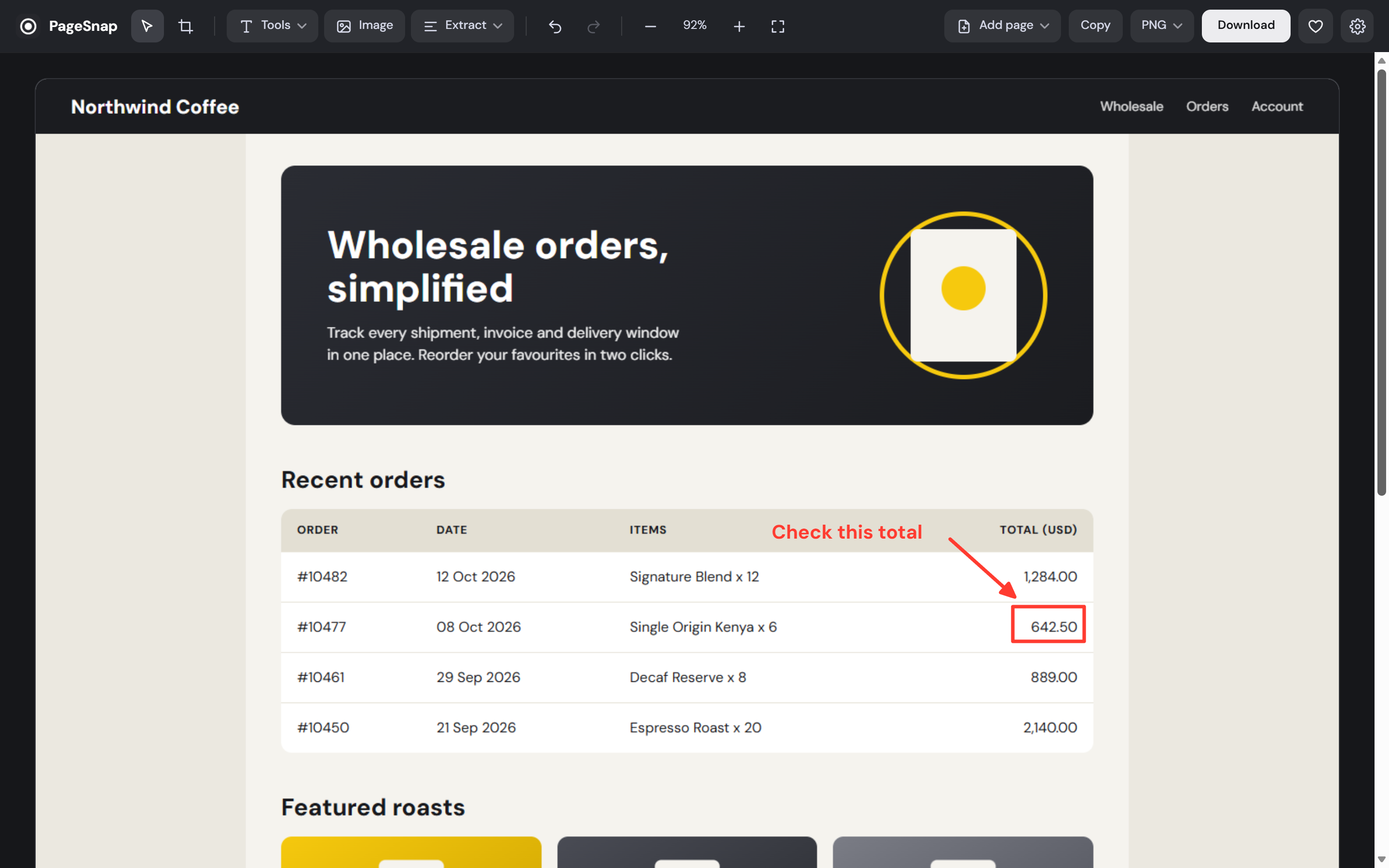 A captured web page in the PageSnap editor with a highlighted total, an arrow, a text note and blurred contact details