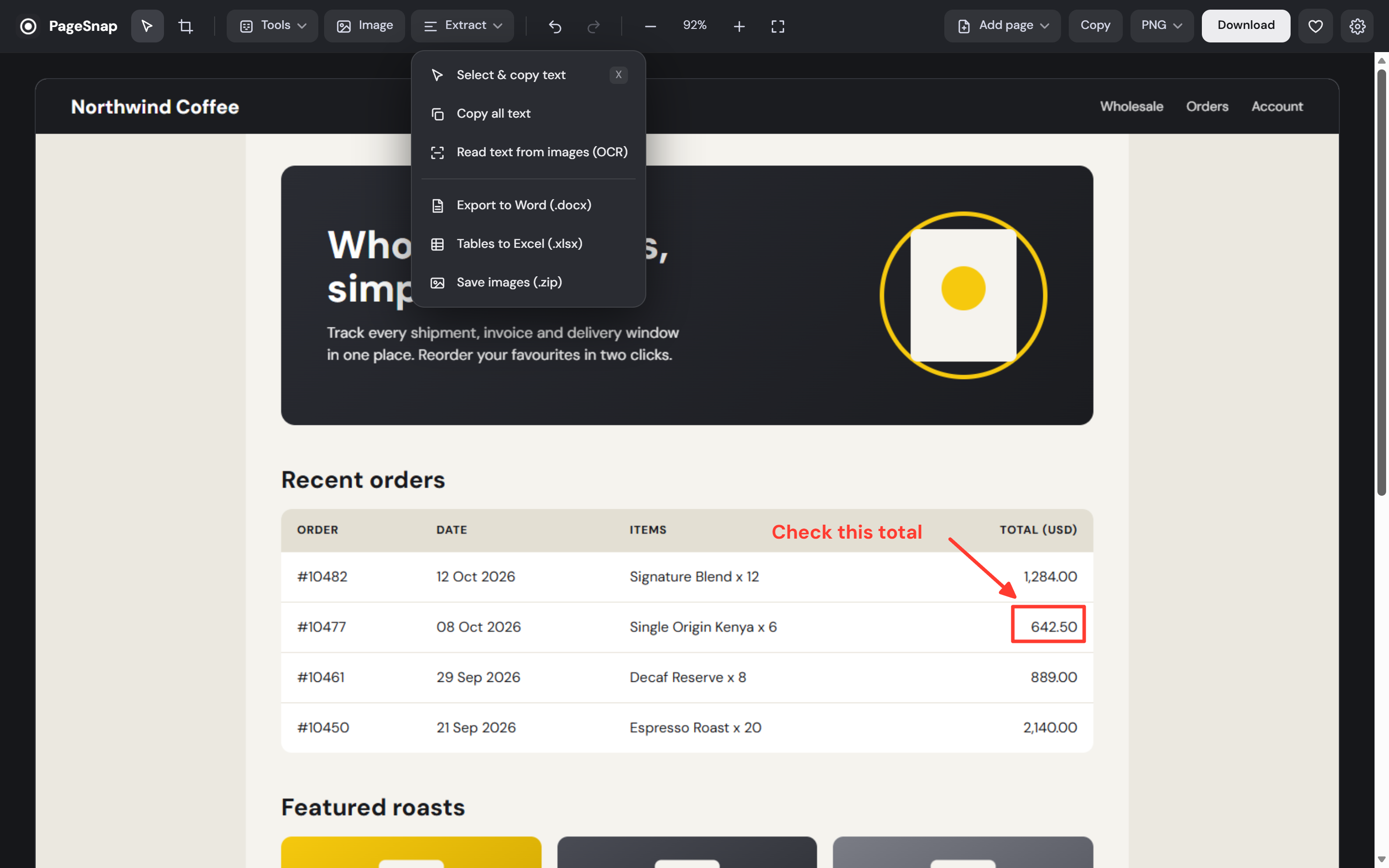 The Extract menu with copy text, OCR, Word, Excel and save images